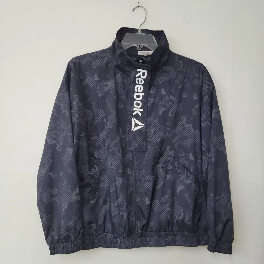 Reebok Black Windbreaker Jacket Full Zip Outerwear Geometric Camo Print Womens L